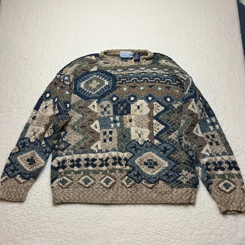 Countryside Classics Knit Sweater L G Geometric Pattern Earth Tones Hand Knitted